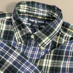 Ralph Lauren Short Sleeve Mens XL Blue Green Plaid Button Down Blake Cotton